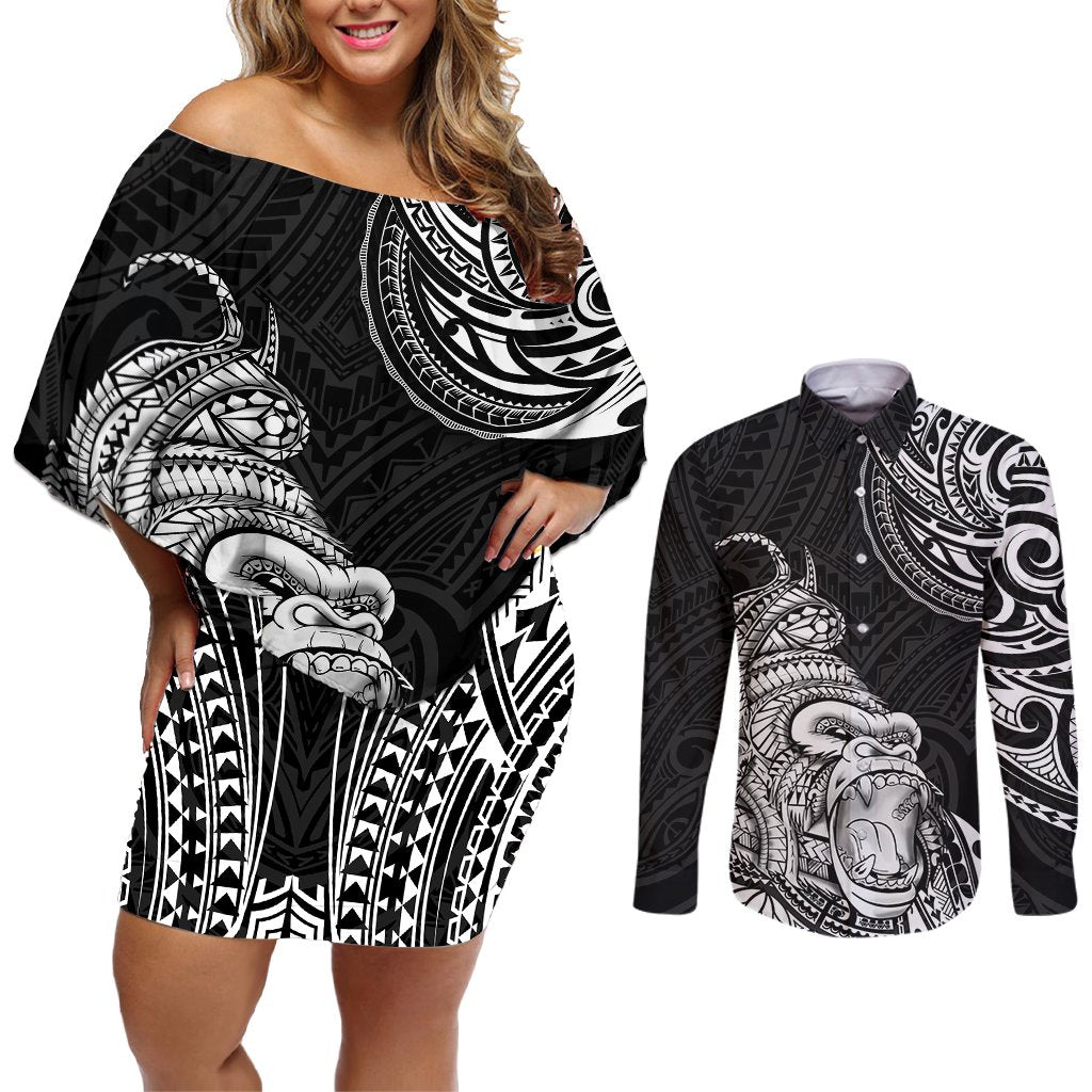 Hawaii Polynesian Couples Matching Off Shoulder Short Dress and Long Sleeve Button Shirts Gorila Tatoo Polynesian Style TS04 Black - Polynesian Pride