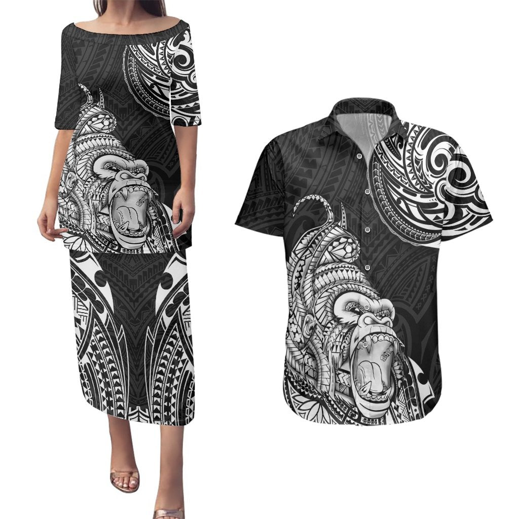 Hawaii Polynesian Couples Matching Puletasi Dress and Hawaiian Shirt Gorila Tatoo Polynesian Style TS04 Black - Polynesian Pride