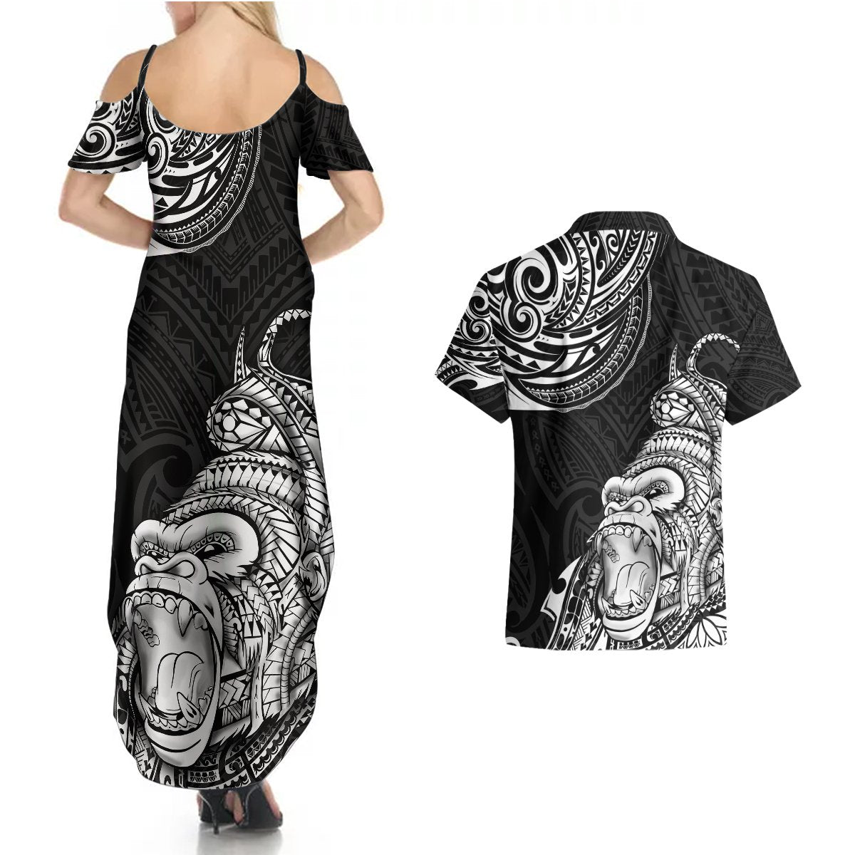 Hawaii Polynesian Couples Matching Summer Maxi Dress and Hawaiian Shirt Gorila Tatoo Polynesian Style TS04 - Polynesian Pride