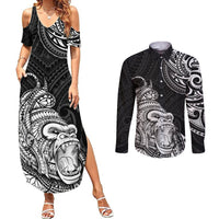 Hawaii Polynesian Couples Matching Summer Maxi Dress and Long Sleeve Button Shirts Gorila Tatoo Polynesian Style TS04 Black - Polynesian Pride