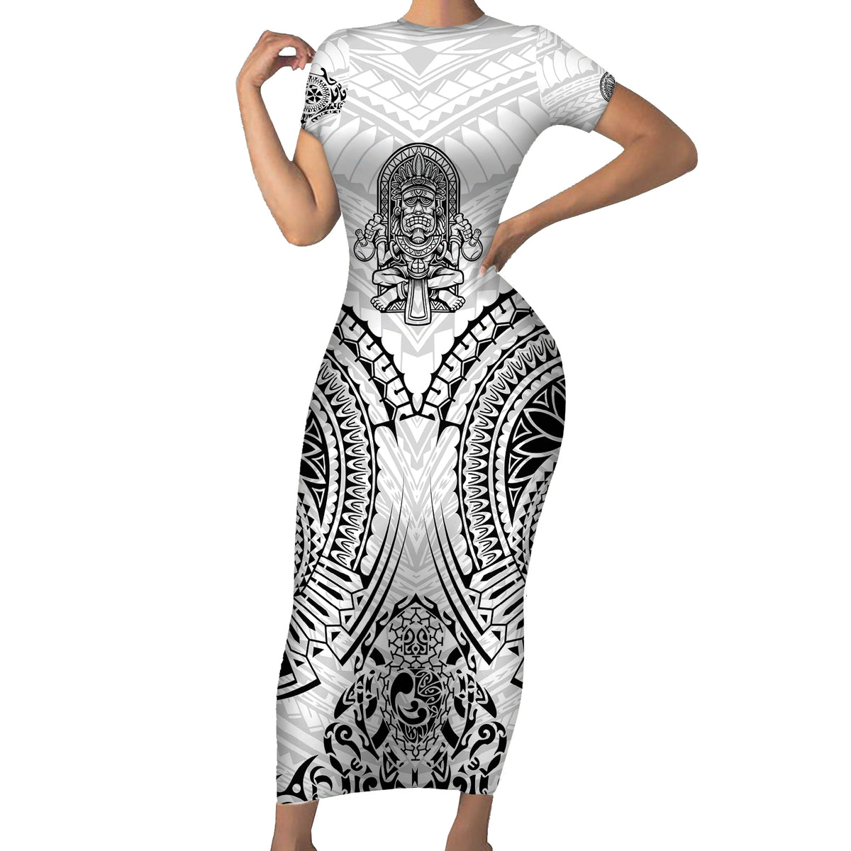Hawaii Polynesian Short Sleeve Bodycon Dress Warrior symbol TS04 Long Dress White - Polynesian Pride