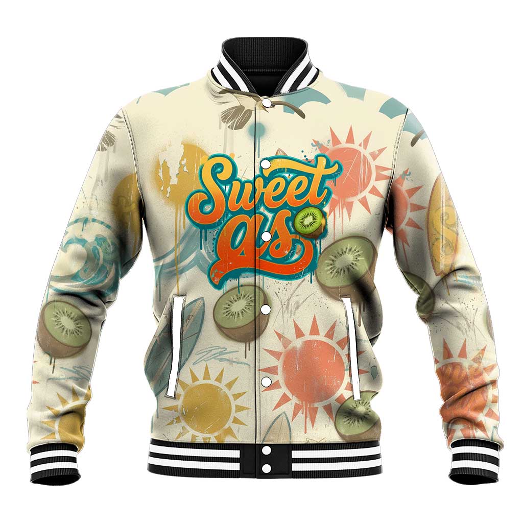 NZ Slang Sweet As Kiwi Shaka Sign Baseball Jacket New Zealand Surfboards Sun and Tropical Beach Retro
