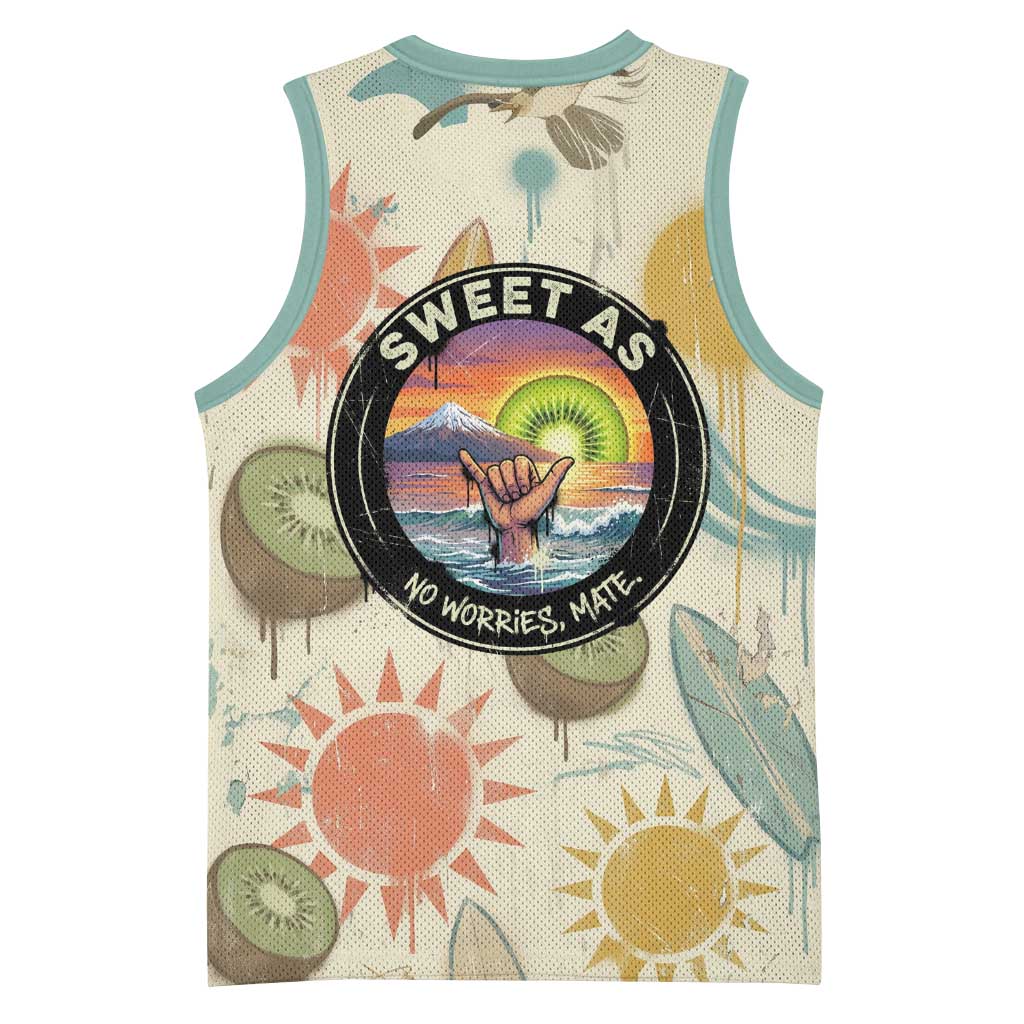 NZ Slang Sweet As Kiwi Shaka Sign Basketball Jersey New Zealand Surfboards Sun and Tropical Beach Retro