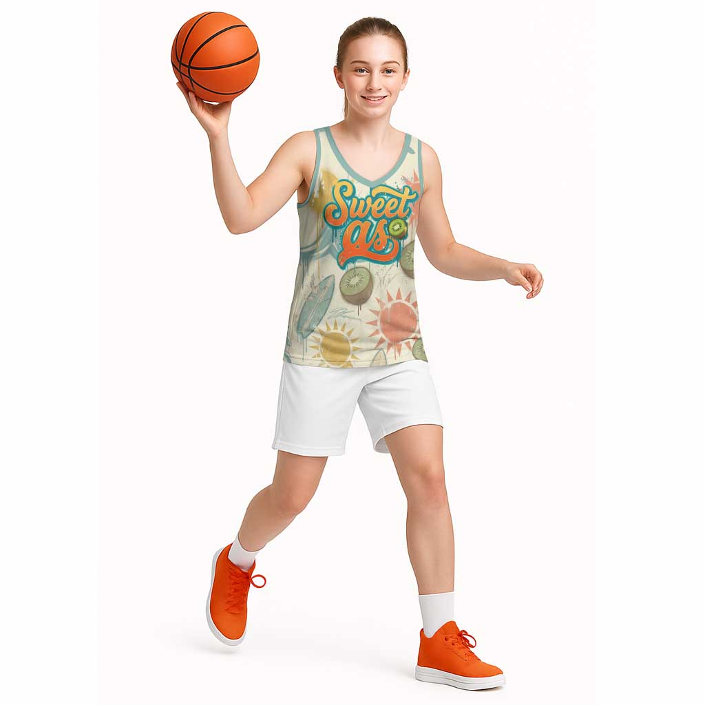 NZ Slang Sweet As Kiwi Shaka Sign Basketball Jersey New Zealand Surfboards Sun and Tropical Beach Retro