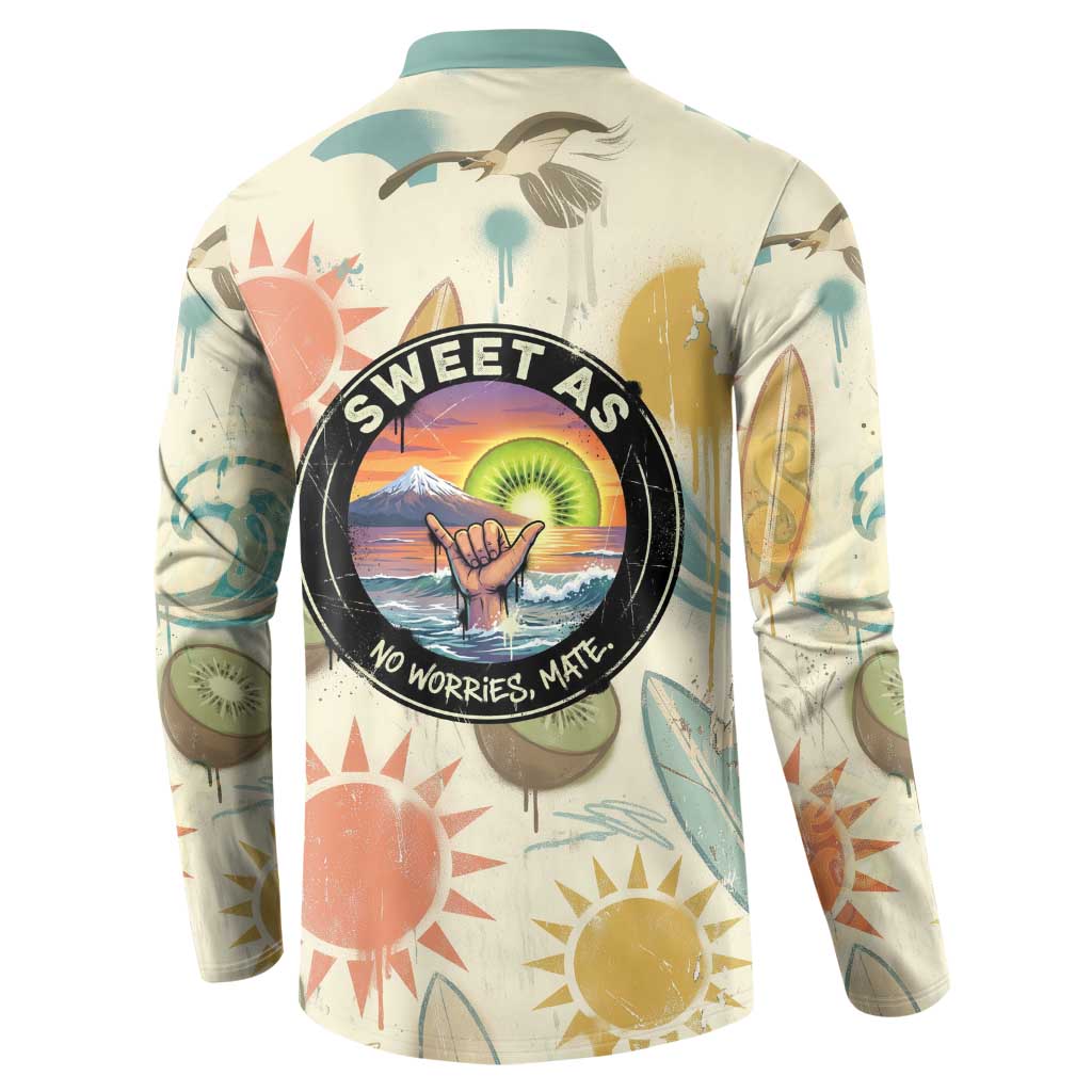 NZ Slang Sweet As Kiwi Shaka Sign Button Sweatshirt New Zealand Surfboards Sun and Tropical Beach Retro