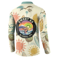 NZ Slang Sweet As Kiwi Shaka Sign Button Sweatshirt New Zealand Surfboards Sun and Tropical Beach Retro