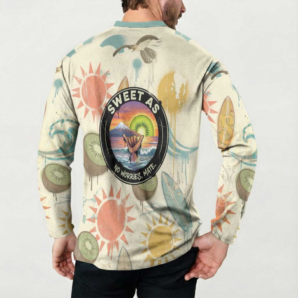 NZ Slang Sweet As Kiwi Shaka Sign Button Sweatshirt New Zealand Surfboards Sun and Tropical Beach Retro