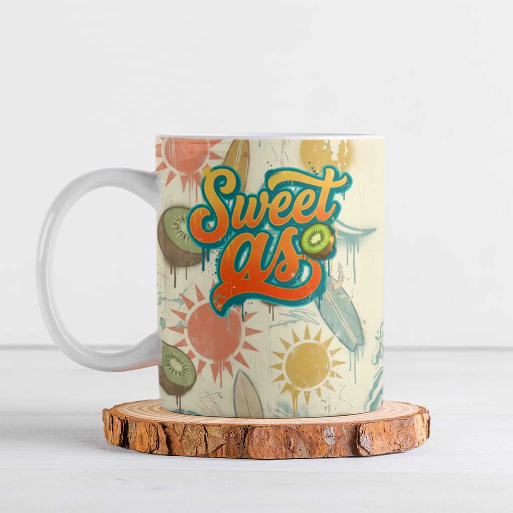 NZ Slang Sweet As Kiwi Shaka Sign Ceramic Mug New Zealand Surfboards Sun and Tropical Beach Retro