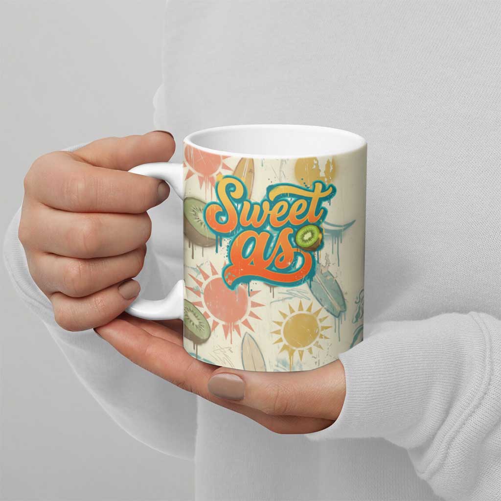 NZ Slang Sweet As Kiwi Shaka Sign Ceramic Mug New Zealand Surfboards Sun and Tropical Beach Retro