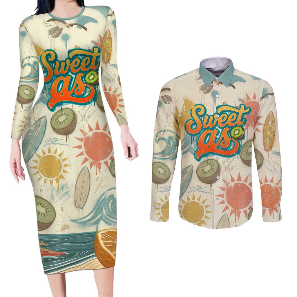 NZ Slang Sweet As Kiwi Shaka Sign Couples Matching Long Sleeve Bodycon Dress and Long Sleeve Button Shirt New Zealand Surfboards Sun and Tropical Beach Retro