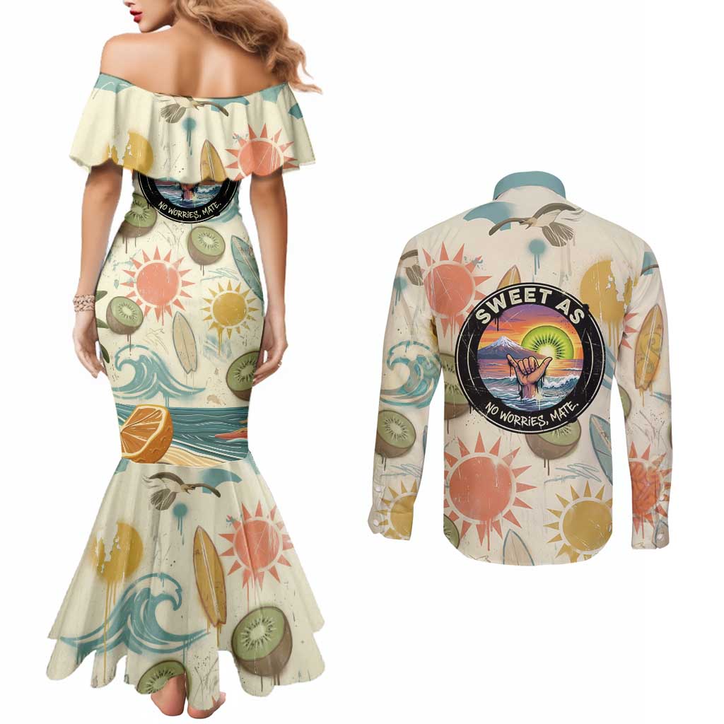 NZ Slang Sweet As Kiwi Shaka Sign Couples Matching Mermaid Dress and Long Sleeve Button Shirt New Zealand Surfboards Sun and Tropical Beach Retro