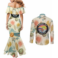 NZ Slang Sweet As Kiwi Shaka Sign Couples Matching Mermaid Dress and Long Sleeve Button Shirt New Zealand Surfboards Sun and Tropical Beach Retro