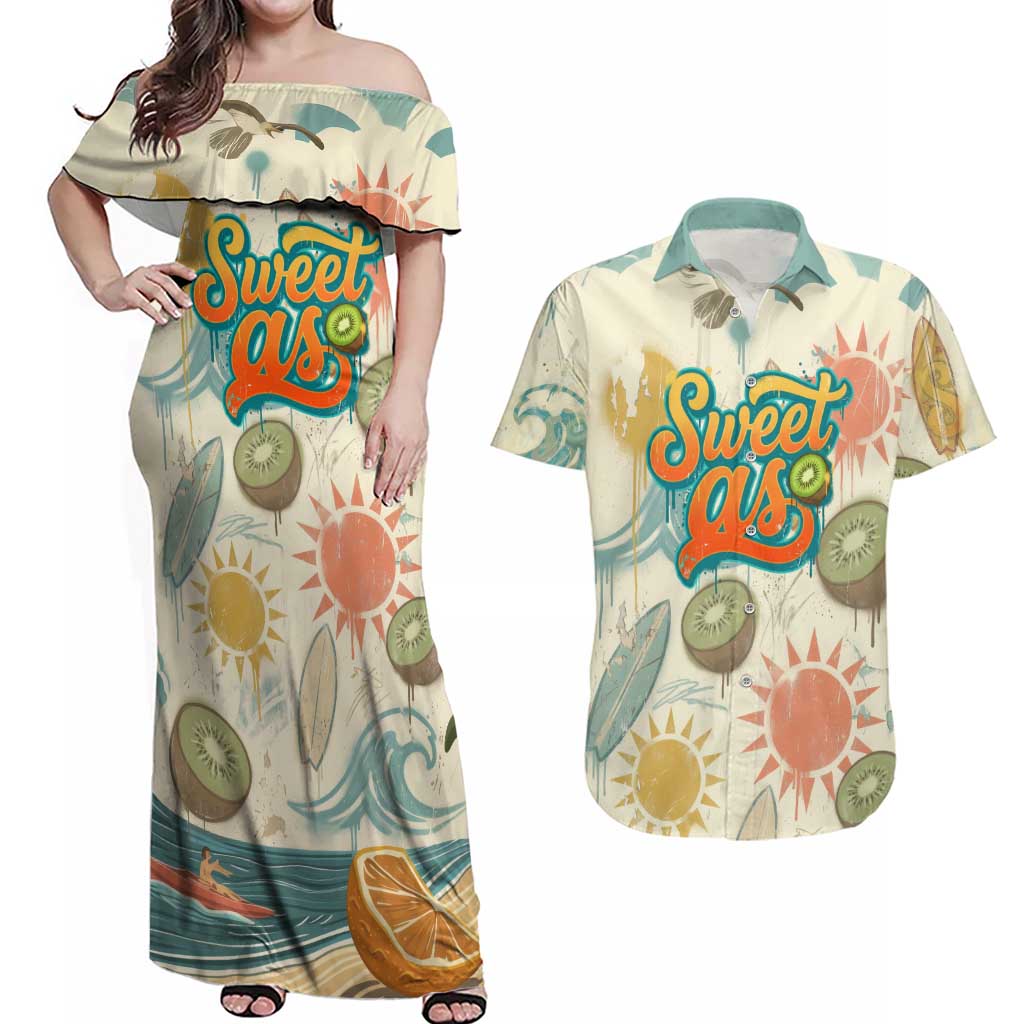 NZ Slang Sweet As Kiwi Shaka Sign Couples Matching Off Shoulder Maxi Dress and Hawaiian Shirt New Zealand Surfboards Sun and Tropical Beach Retro