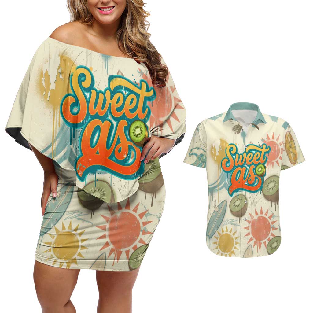 NZ Slang Sweet As Kiwi Shaka Sign Couples Matching Off Shoulder Short Dress and Hawaiian Shirt New Zealand Surfboards Sun and Tropical Beach Retro TS04 Beige - Polynesian Pride