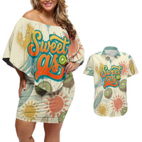 NZ Slang Sweet As Kiwi Shaka Sign Couples Matching Off Shoulder Short Dress and Hawaiian Shirt New Zealand Surfboards Sun and Tropical Beach Retro TS04 Beige - Polynesian Pride