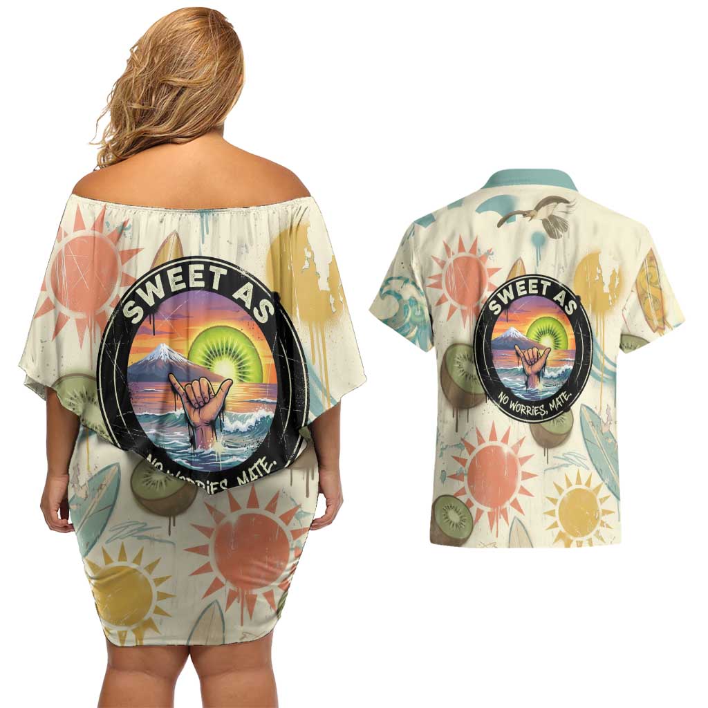 NZ Slang Sweet As Kiwi Shaka Sign Couples Matching Off Shoulder Short Dress and Hawaiian Shirt New Zealand Surfboards Sun and Tropical Beach Retro TS04 - Polynesian Pride