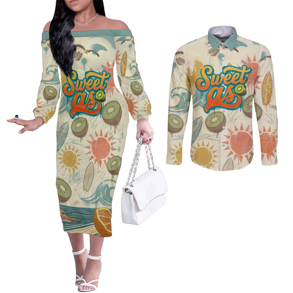 NZ Slang Sweet As Kiwi Shaka Sign Couples Matching Off The Shoulder Long Sleeve Dress and Long Sleeve Button Shirt New Zealand Surfboards Sun and Tropical Beach Retro