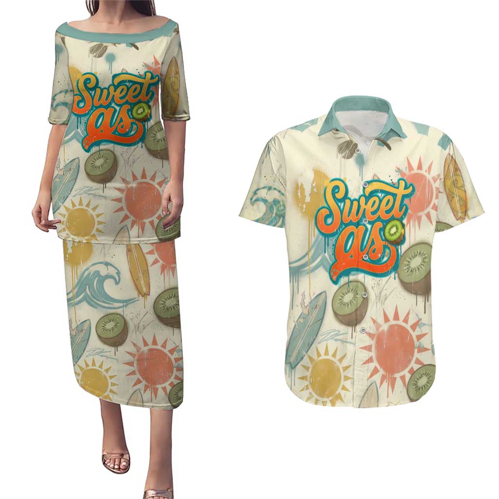 NZ Slang Sweet As Kiwi Shaka Sign Couples Matching Puletasi and Hawaiian Shirt New Zealand Surfboards Sun and Tropical Beach Retro