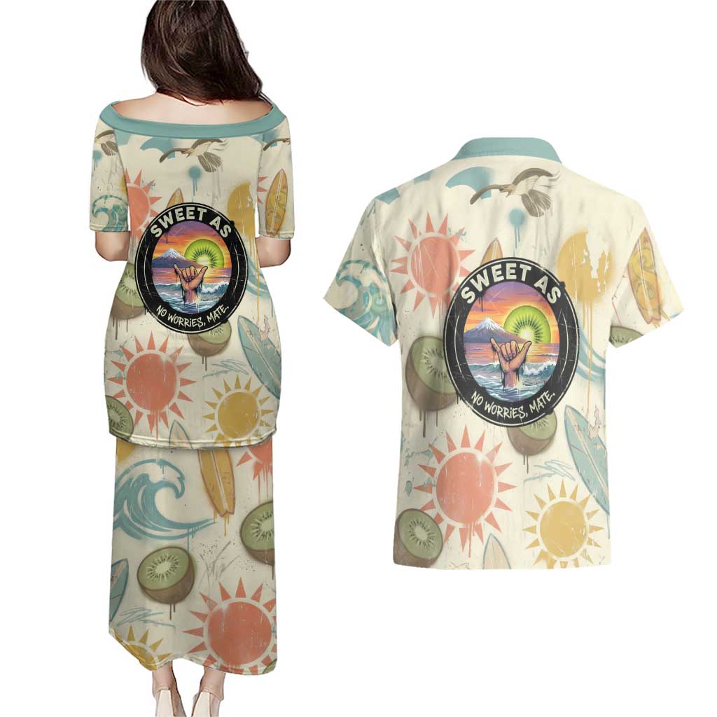 NZ Slang Sweet As Kiwi Shaka Sign Couples Matching Puletasi and Hawaiian Shirt New Zealand Surfboards Sun and Tropical Beach Retro