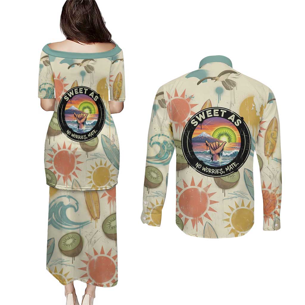 NZ Slang Sweet As Kiwi Shaka Sign Couples Matching Puletasi and Long Sleeve Button Shirt New Zealand Surfboards Sun and Tropical Beach Retro