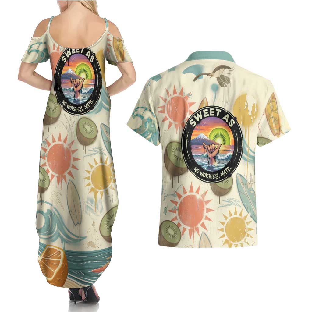 NZ Slang Sweet As Kiwi Shaka Sign Couples Matching Summer Maxi Dress and Hawaiian Shirt New Zealand Surfboards Sun and Tropical Beach Retro