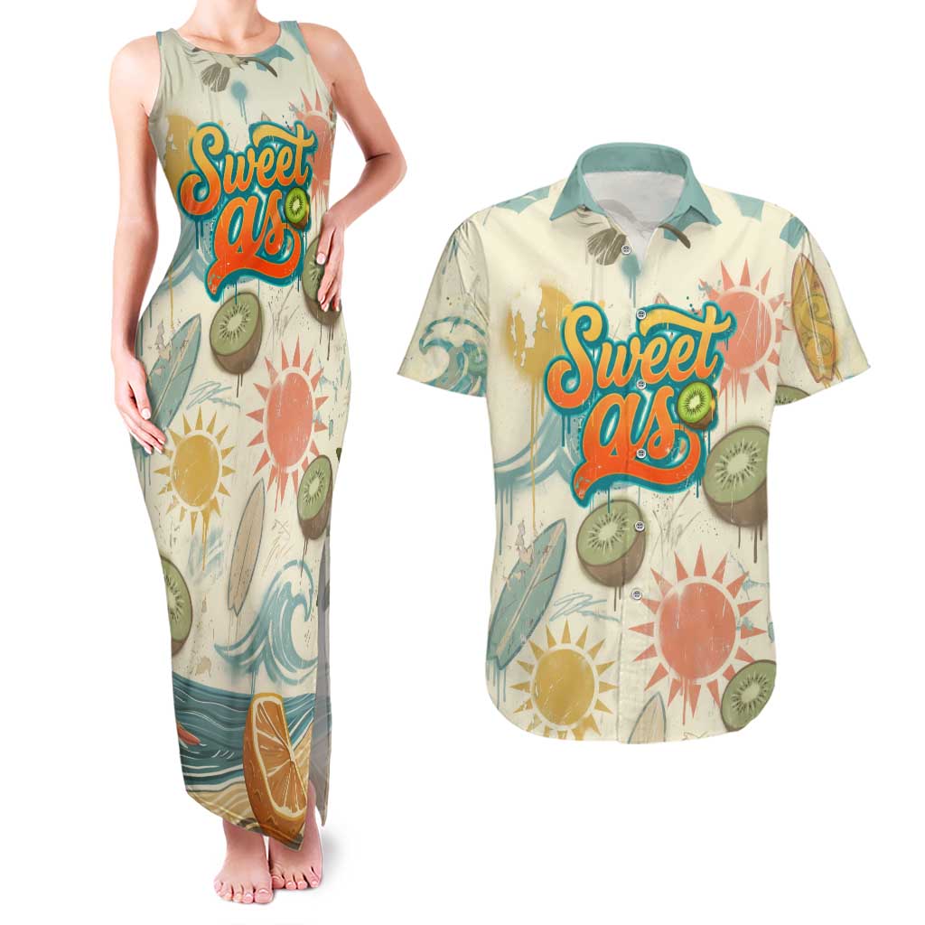 NZ Slang Sweet As Kiwi Shaka Sign Couples Matching Tank Maxi Dress and Hawaiian Shirt New Zealand Surfboards Sun and Tropical Beach Retro