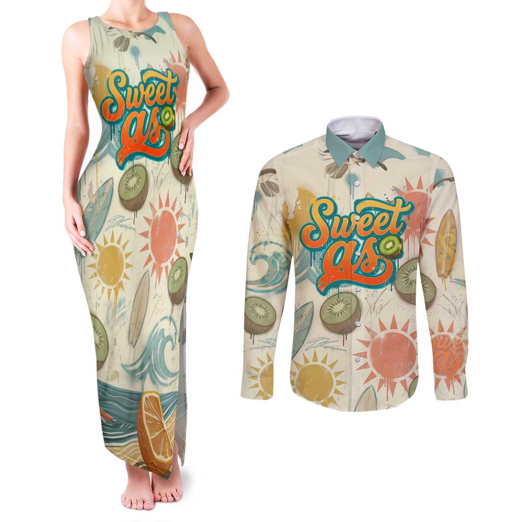 NZ Slang Sweet As Kiwi Shaka Sign Couples Matching Tank Maxi Dress and Long Sleeve Button Shirt New Zealand Surfboards Sun and Tropical Beach Retro