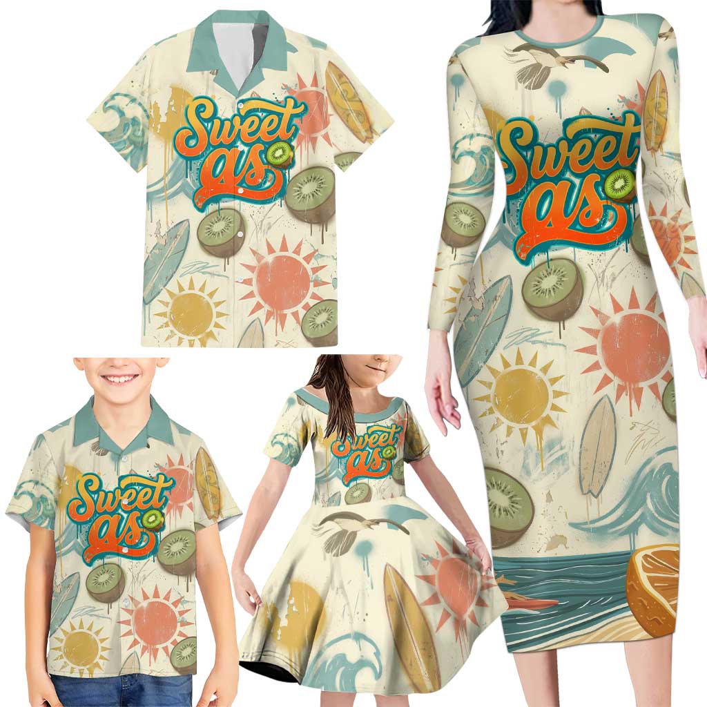 NZ Slang Sweet As Kiwi Shaka Sign Family Matching Long Sleeve Bodycon Dress and Hawaiian Shirt New Zealand Surfboards Sun and Tropical Beach Retro