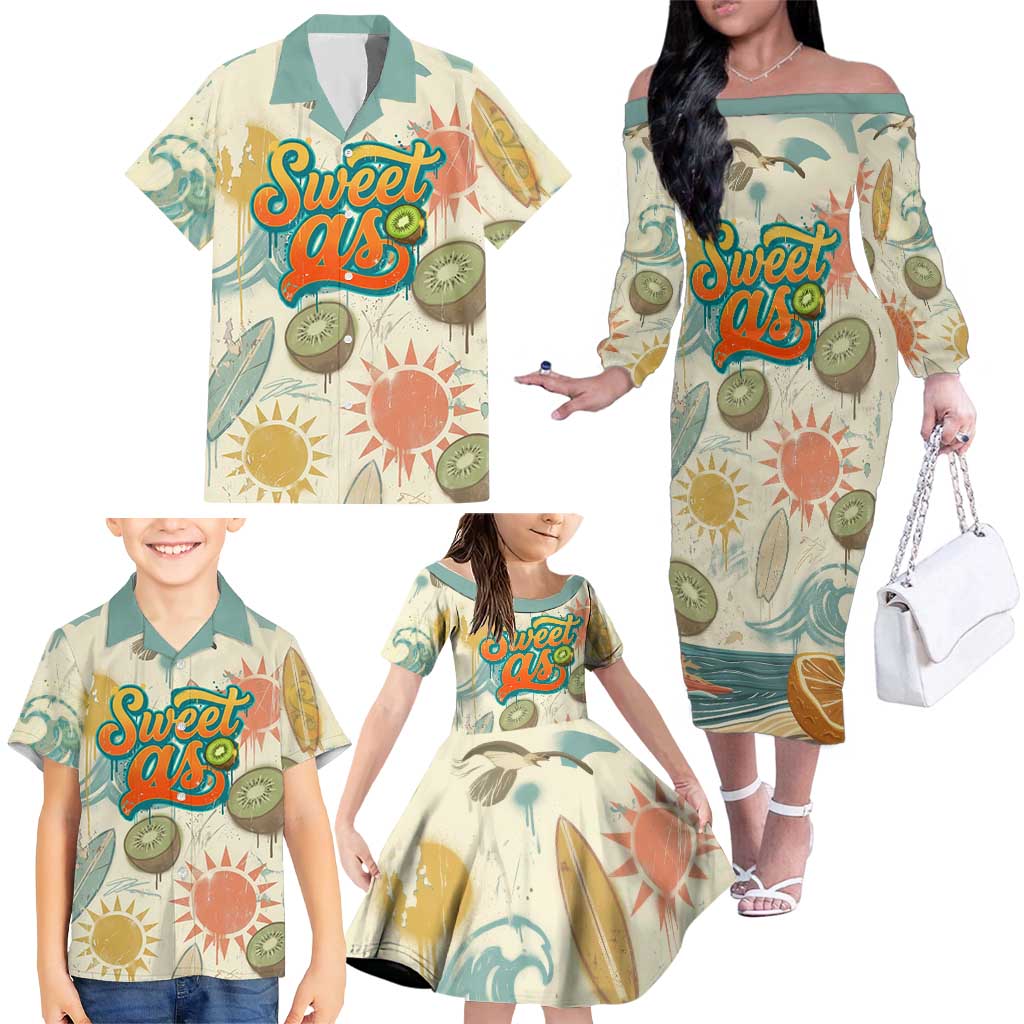 NZ Slang Sweet As Kiwi Shaka Sign Family Matching Off The Shoulder Long Sleeve Dress and Hawaiian Shirt New Zealand Surfboards Sun and Tropical Beach Retro