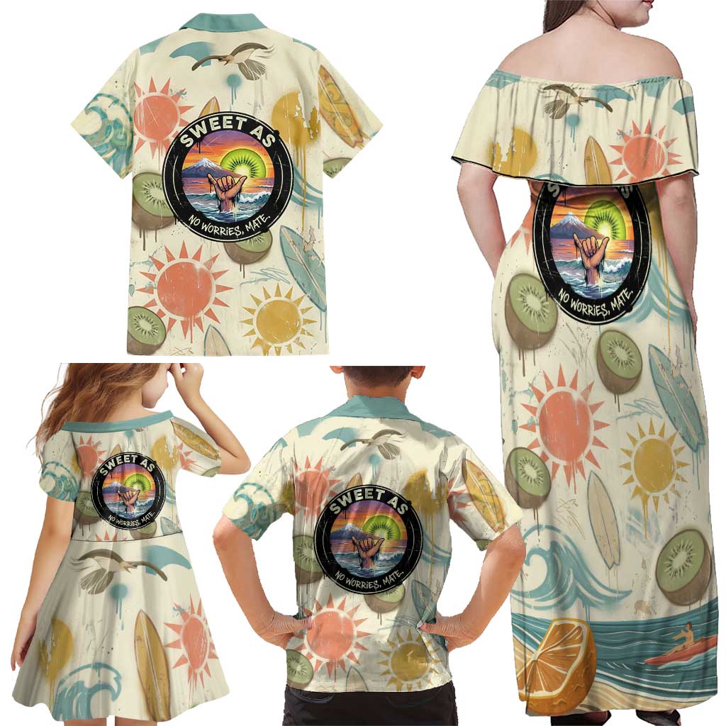 NZ Slang Sweet As Kiwi Shaka Sign Family Matching Off Shoulder Maxi Dress and Hawaiian Shirt New Zealand Surfboards Sun and Tropical Beach Retro