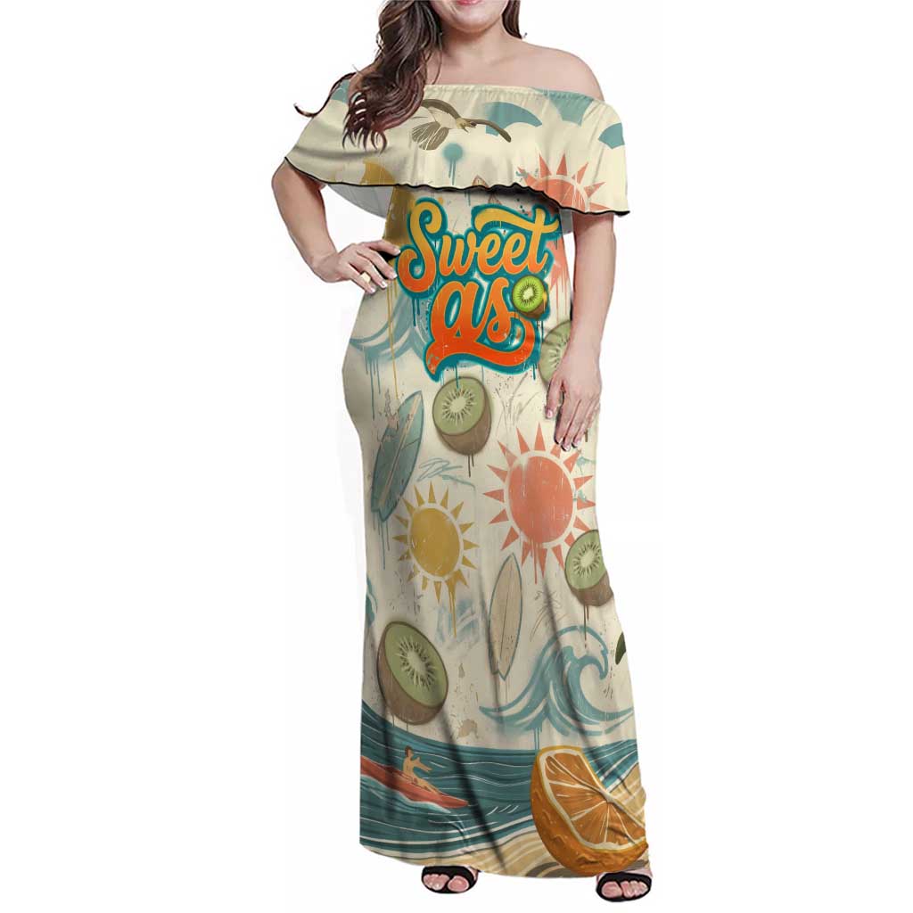NZ Slang Sweet As Kiwi Shaka Sign Family Matching Off Shoulder Maxi Dress and Hawaiian Shirt New Zealand Surfboards Sun and Tropical Beach Retro