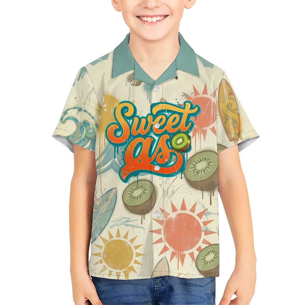 NZ Slang Sweet As Kiwi Shaka Sign Family Matching Off Shoulder Maxi Dress and Hawaiian Shirt New Zealand Surfboards Sun and Tropical Beach Retro