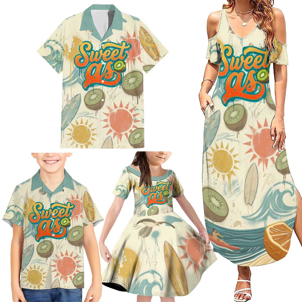 NZ Slang Sweet As Kiwi Shaka Sign Family Matching Summer Maxi Dress and Hawaiian Shirt New Zealand Surfboards Sun and Tropical Beach Retro