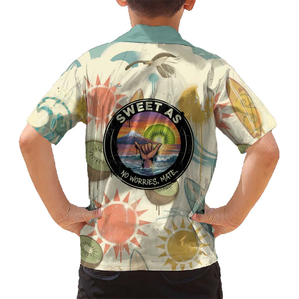 NZ Slang Sweet As Kiwi Shaka Sign Family Matching Tank Maxi Dress and Hawaiian Shirt New Zealand Surfboards Sun and Tropical Beach Retro