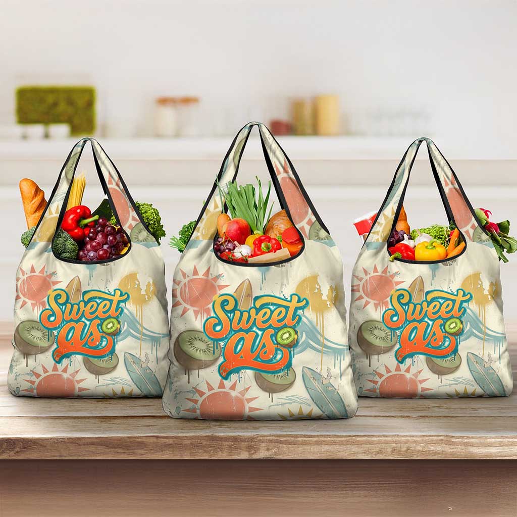 NZ Slang Sweet As Kiwi Shaka Sign Grocery Bag New Zealand Surfboards Sun and Tropical Beach Retro