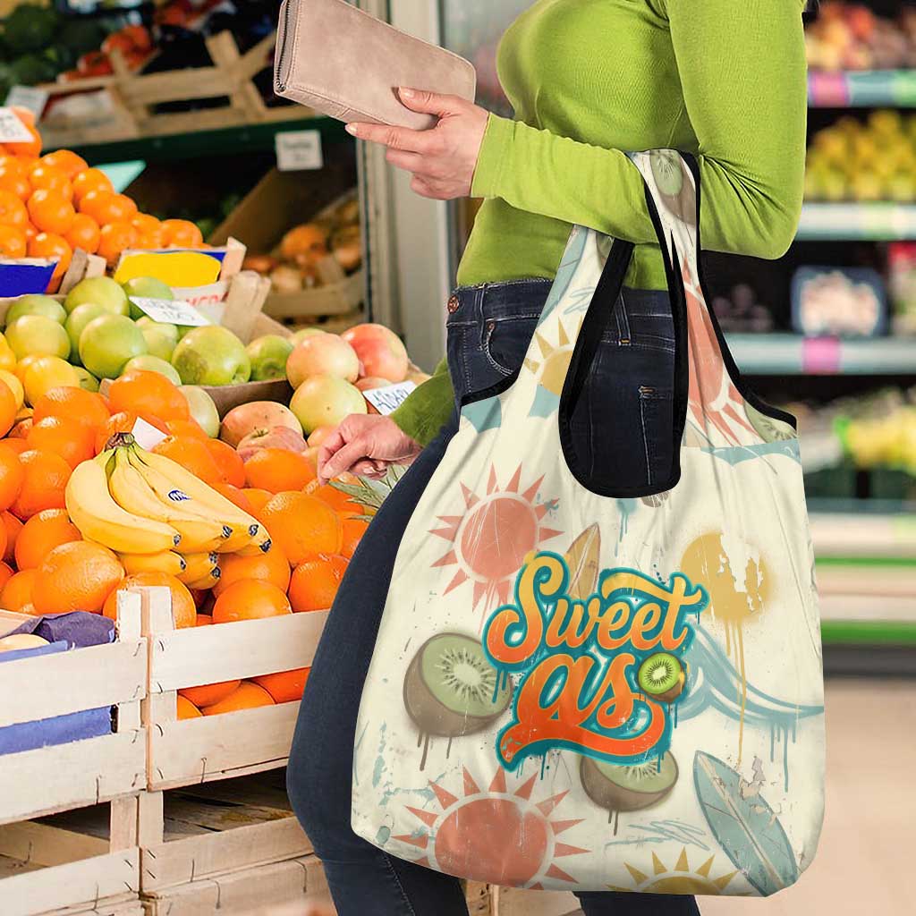 NZ Slang Sweet As Kiwi Shaka Sign Grocery Bag New Zealand Surfboards Sun and Tropical Beach Retro