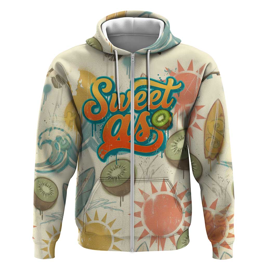 NZ Slang Sweet As Kiwi Shaka Sign Hoodie New Zealand Surfboards Sun and Tropical Beach Retro