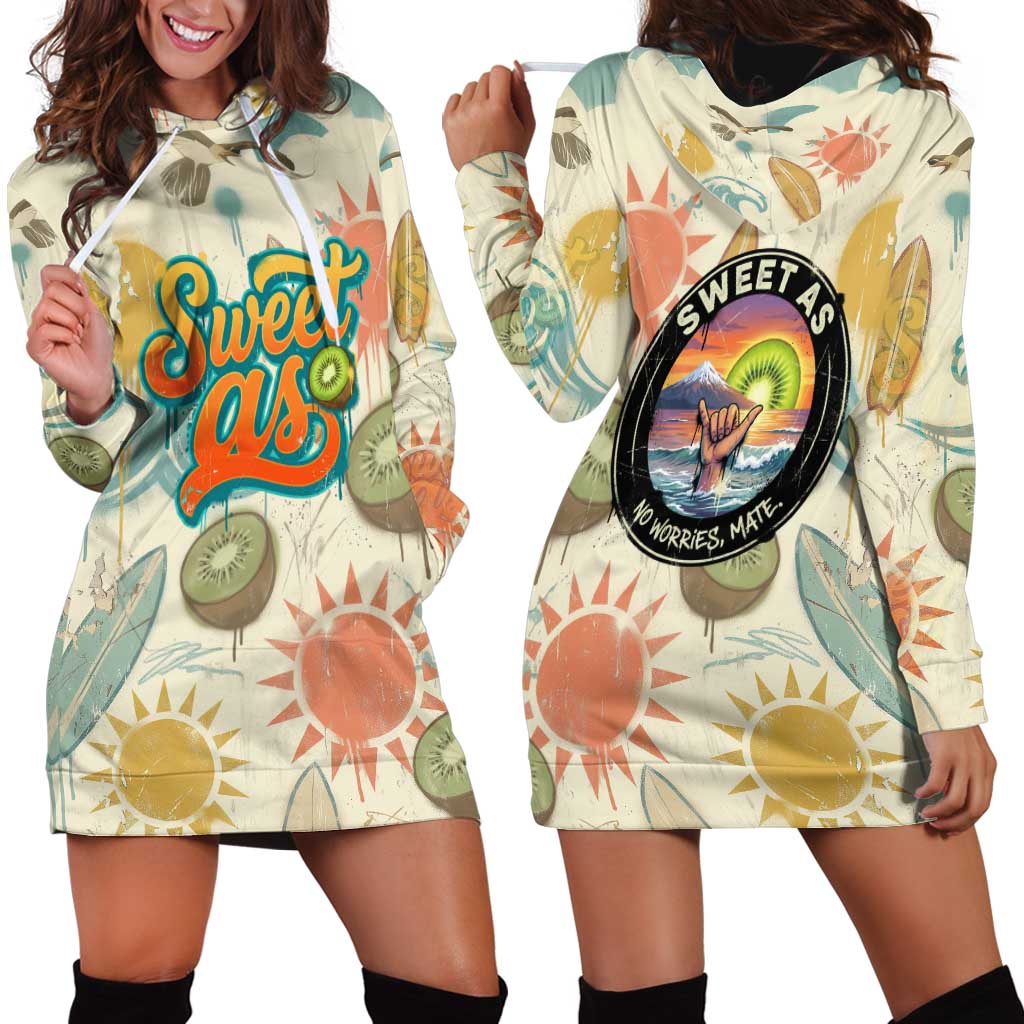 NZ Slang Sweet As Kiwi Shaka Sign Hoodie Dress New Zealand Surfboards Sun and Tropical Beach Retro