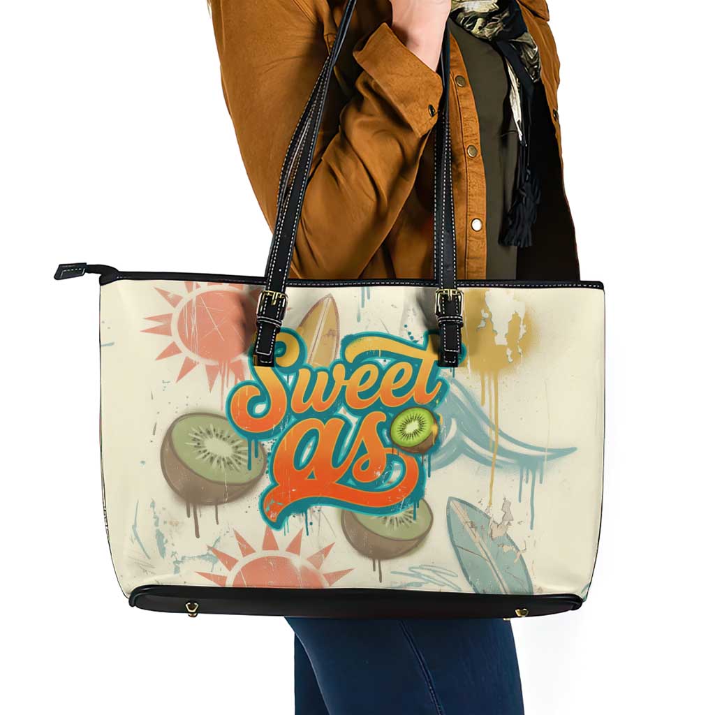 NZ Slang Sweet As Kiwi Shaka Sign Leather Tote Bag New Zealand Surfboards Sun and Tropical Beach Retro