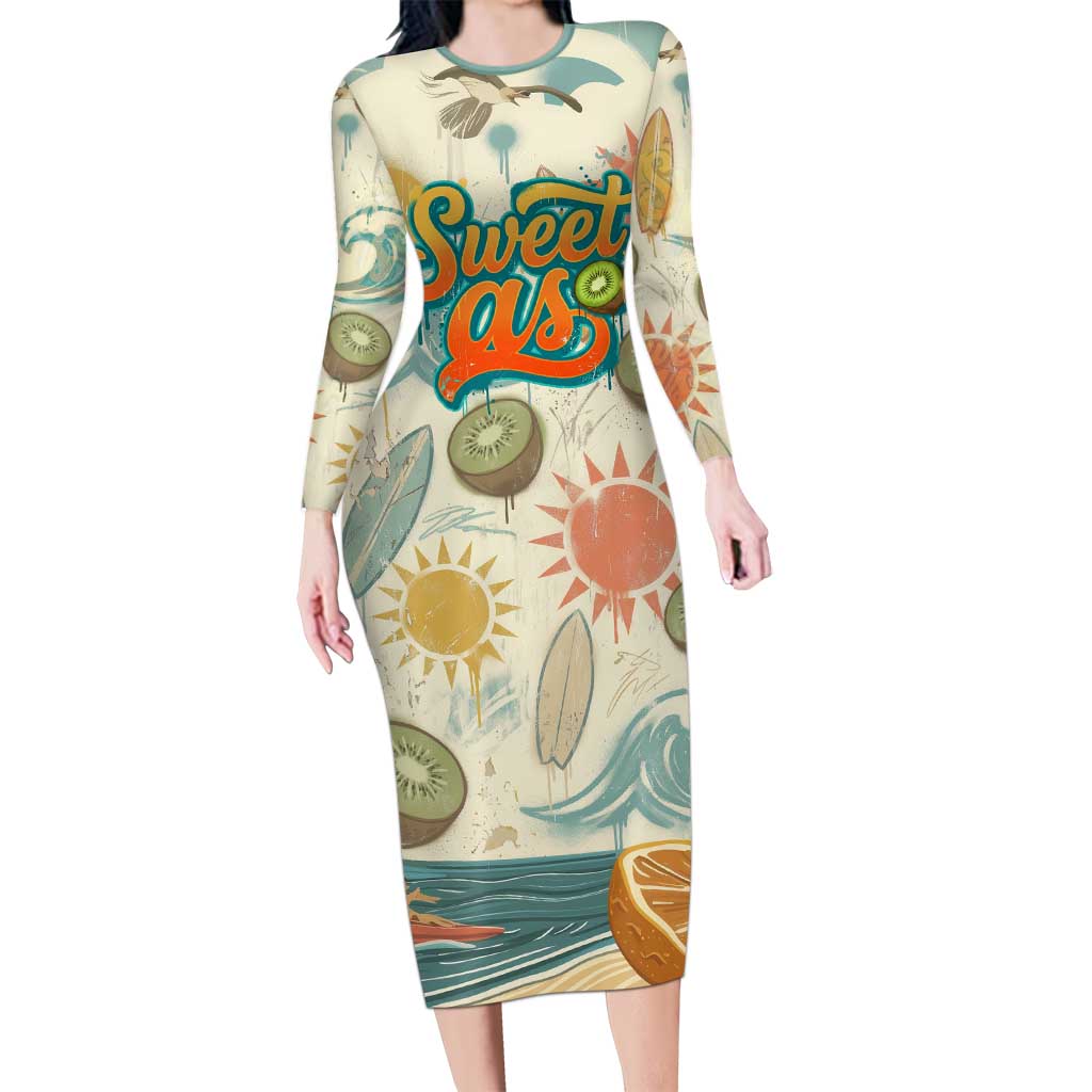 NZ Slang Sweet As Kiwi Shaka Sign Long Sleeve Bodycon Dress New Zealand Surfboards Sun and Tropical Beach Retro TS04 Long Dress Beige - Polynesian Pride
