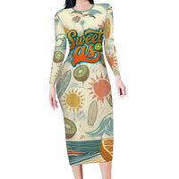NZ Slang Sweet As Kiwi Shaka Sign Long Sleeve Bodycon Dress New Zealand Surfboards Sun and Tropical Beach Retro TS04 Long Dress Beige - Polynesian Pride