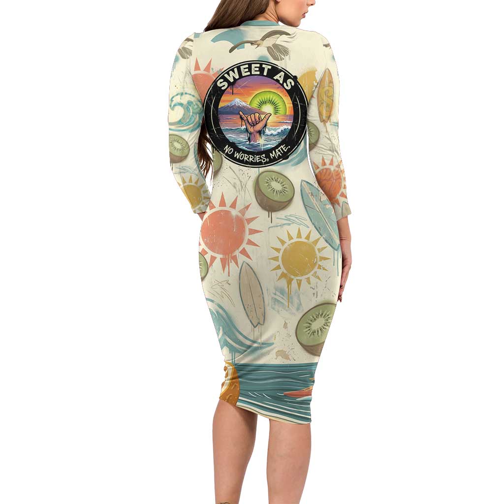 NZ Slang Sweet As Kiwi Shaka Sign Long Sleeve Bodycon Dress New Zealand Surfboards Sun and Tropical Beach Retro TS04 - Polynesian Pride
