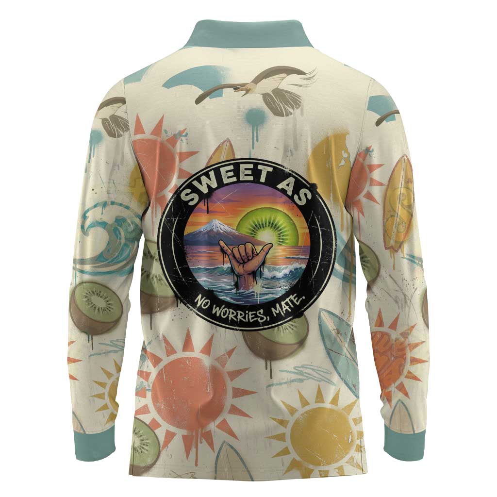 NZ Slang Sweet As Kiwi Shaka Sign Long Sleeve Polo Shirt New Zealand Surfboards Sun and Tropical Beach Retro