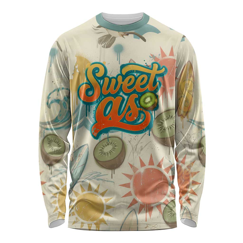 NZ Slang Sweet As Kiwi Shaka Sign Long Sleeve Shirt New Zealand Surfboards Sun and Tropical Beach Retro