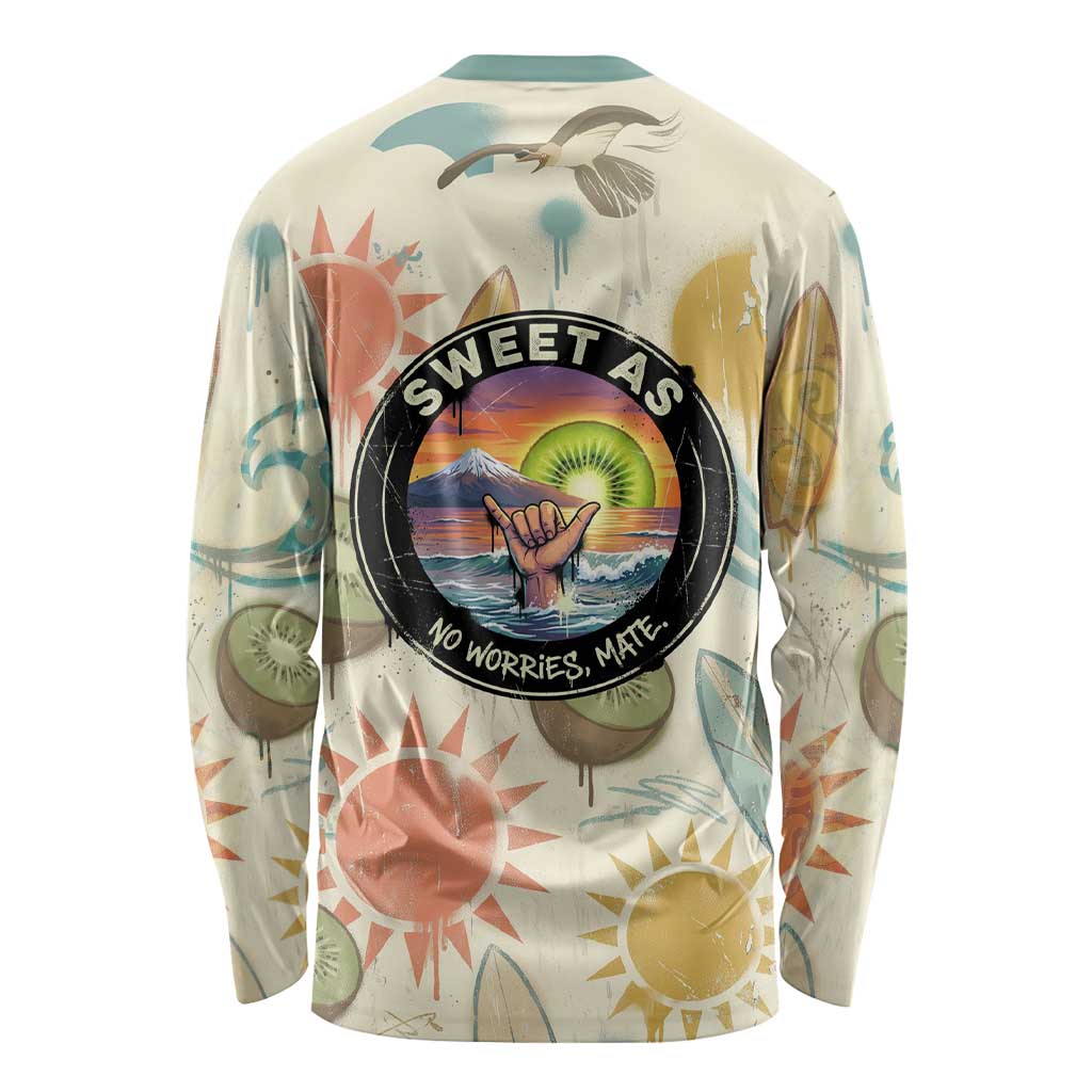NZ Slang Sweet As Kiwi Shaka Sign Long Sleeve Shirt New Zealand Surfboards Sun and Tropical Beach Retro