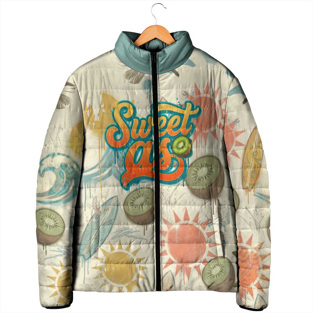 NZ Slang Sweet As Kiwi Shaka Sign Padded Jacket New Zealand Surfboards Sun and Tropical Beach Retro
