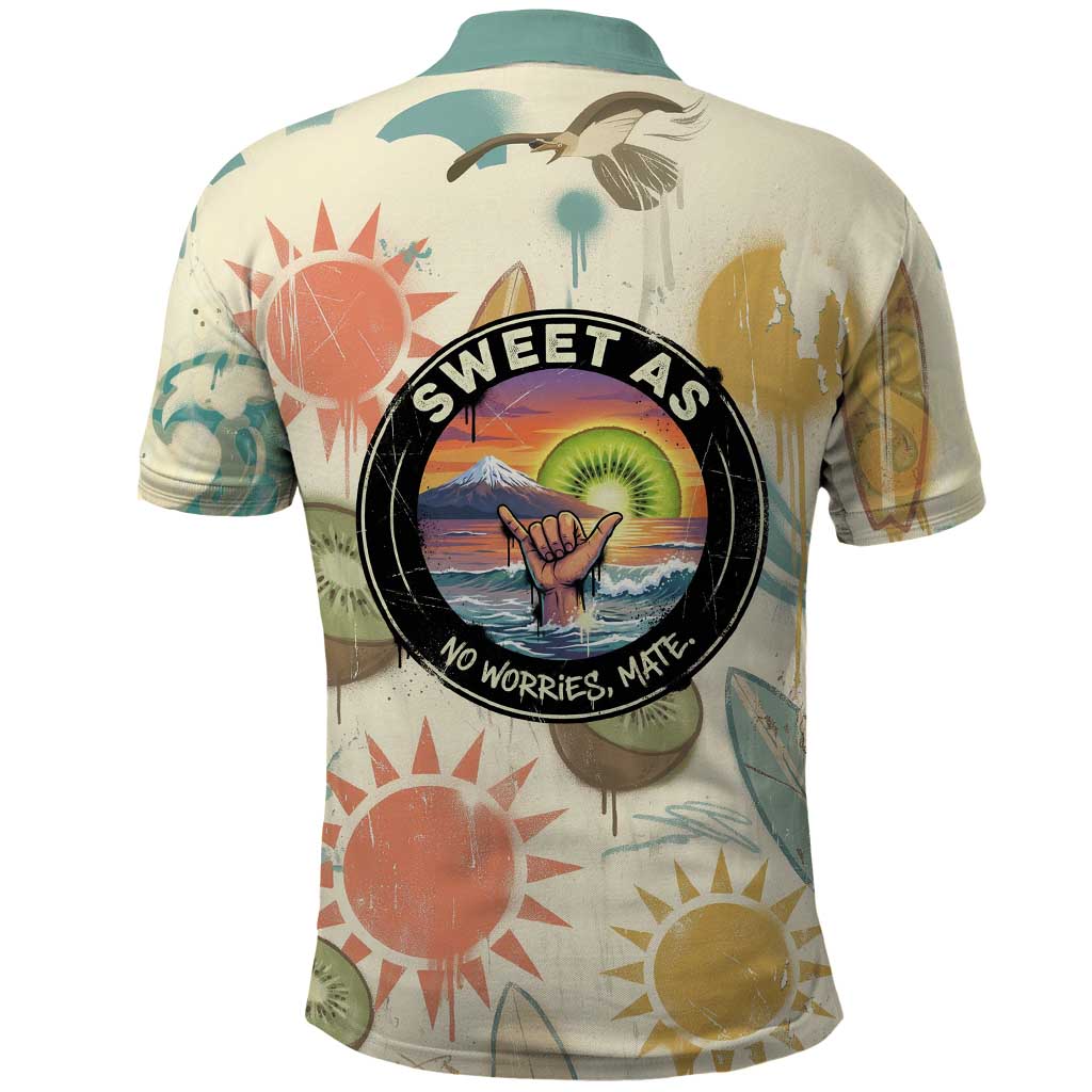 NZ Slang Sweet As Kiwi Shaka Sign Polo Shirt New Zealand Surfboards Sun and Tropical Beach Retro