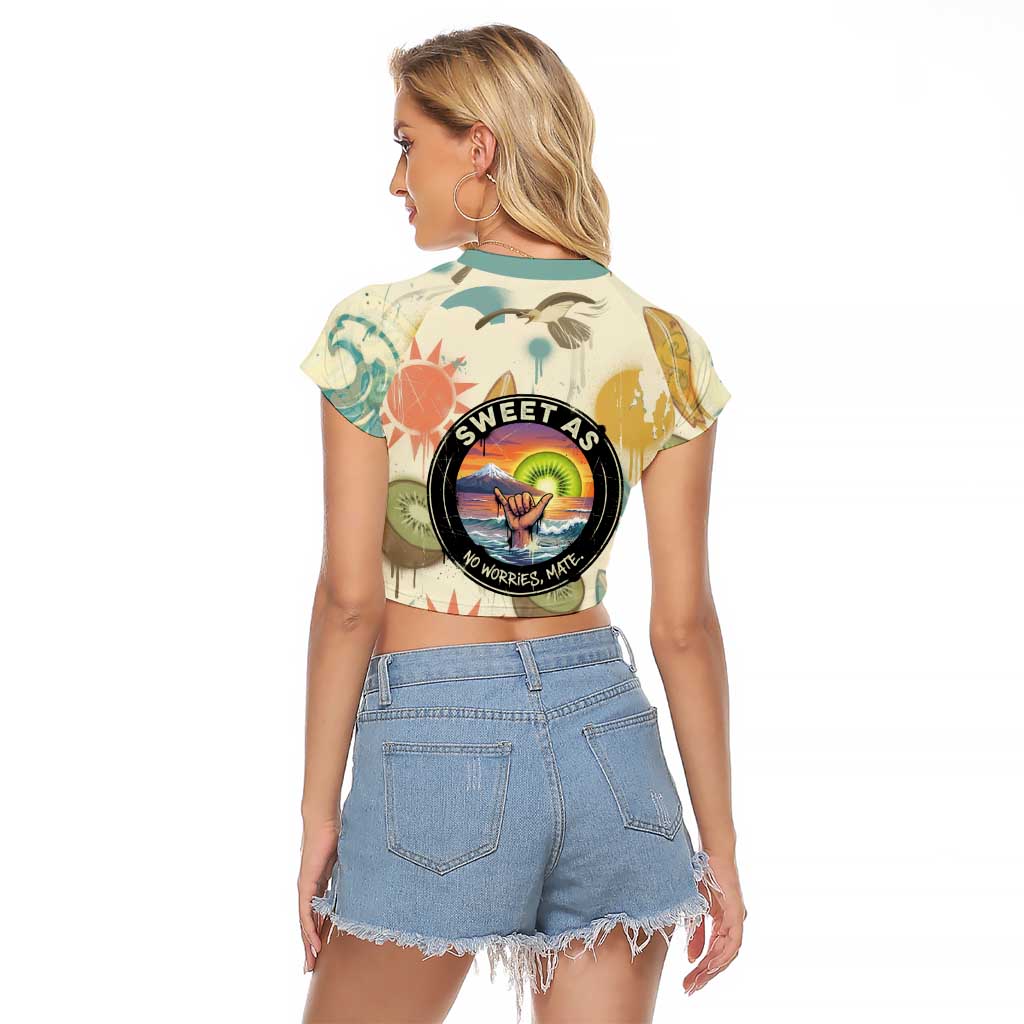 NZ Slang Sweet As Kiwi Shaka Sign Raglan Cropped T Shirt New Zealand Surfboards Sun and Tropical Beach Retro