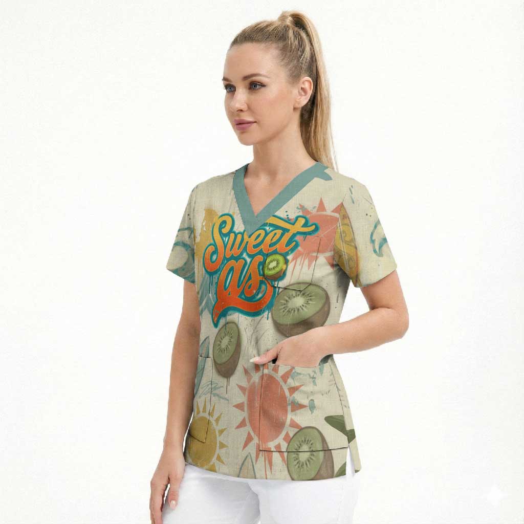 NZ Slang Sweet As Kiwi Shaka Sign Scrub Top New Zealand Surfboards Sun and Tropical Beach Retro