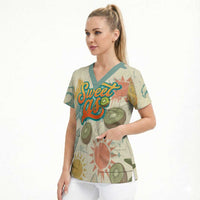 NZ Slang Sweet As Kiwi Shaka Sign Scrub Top New Zealand Surfboards Sun and Tropical Beach Retro